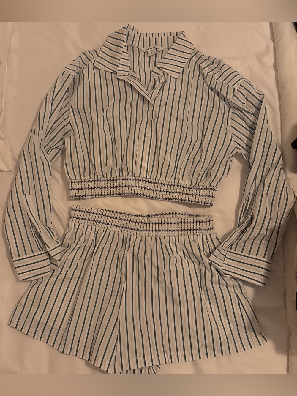 Striped Cropped Button-Up Top and Shorts Set - White/Green